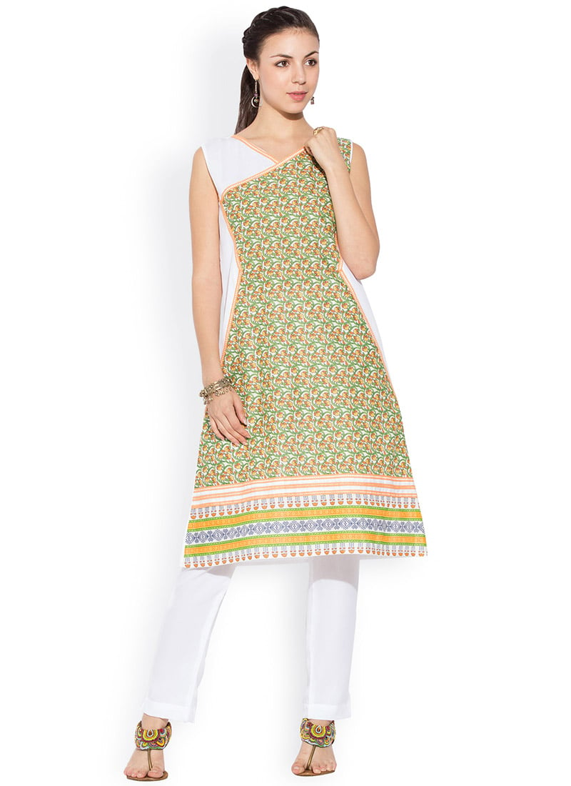 Taavi Women Beige & Olive Green Kalamkari Hand Block Print Kurti with  Keyhole Neck - Absolutely Desi