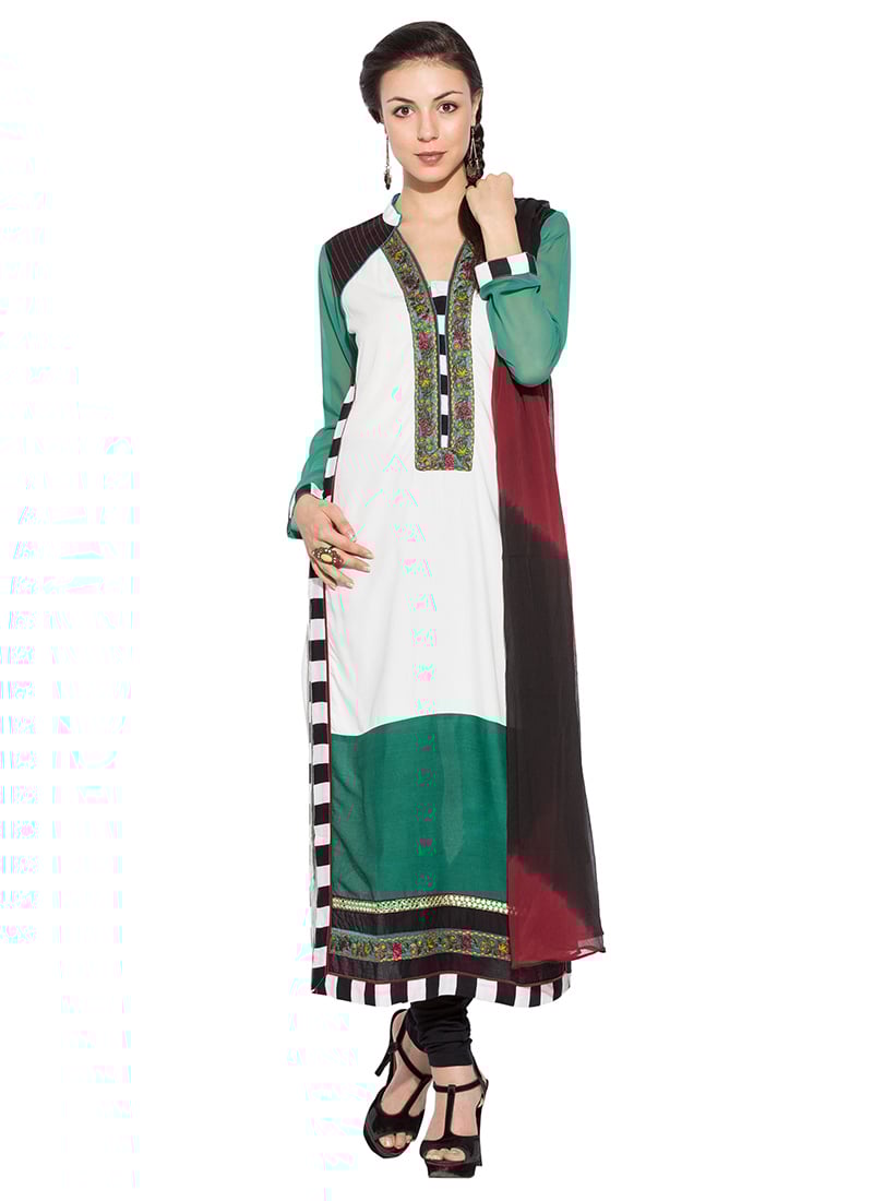 Off White N Green Cotton Straight Suit