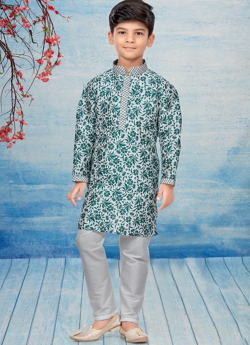Off White N Green Silk Dupion Printed Kids Kurta Pyjama Party Wear