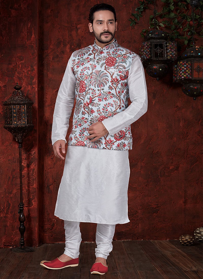 Off White N Red Foil Print Bandi Set Party Wear