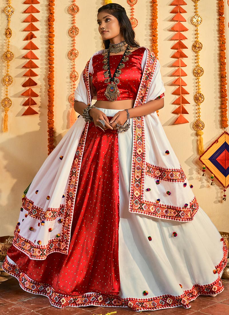 Off White N Red Muslin Cotton Embroidery A Line Lehenga Festive Wear