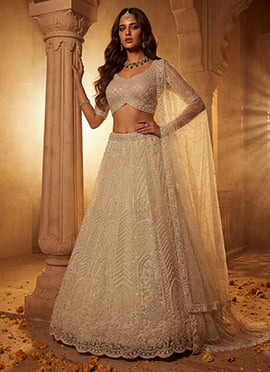 Off White Net Embroidered Sequins With Beads Work Lehenga