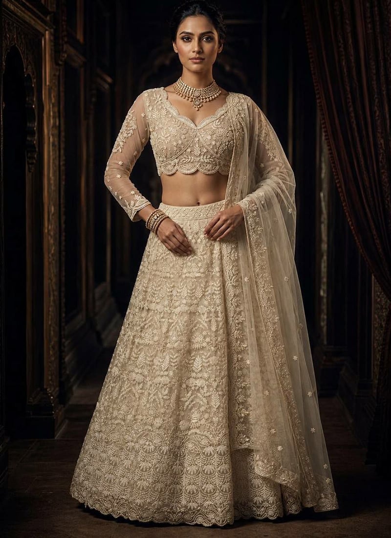 Off White Net Embroidered Sequins Zari Lehenga After Six Wear