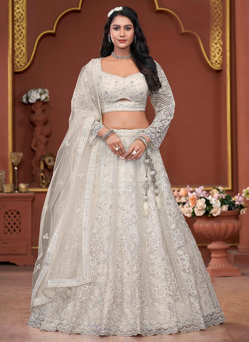 Off White Net Embroidered Stone Sequins Stunning Lehenga Wedding Wear