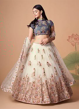Off White Net Embroidered Umbrella Lehenga