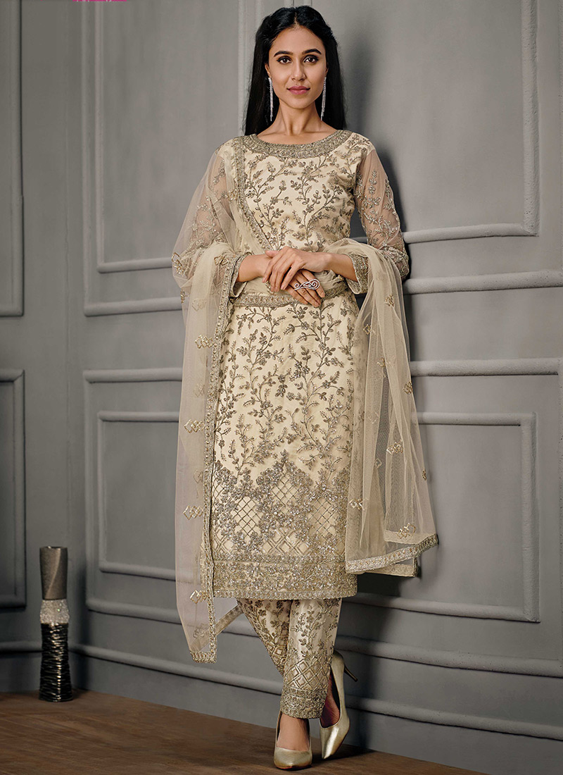 Heavy Designer Wedding Wear Salwar Suit Pirate Gold Soft Organza Pant Straight