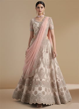 Off White Net Sequins Embroidered Umbrella Lehenga