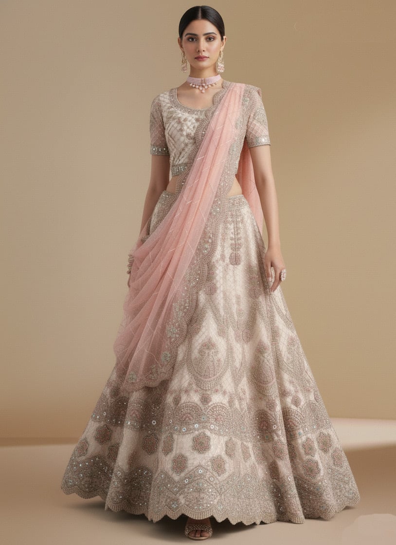 Off White Net Sequins Embroidered Umbrella Lehenga Wedding Wear