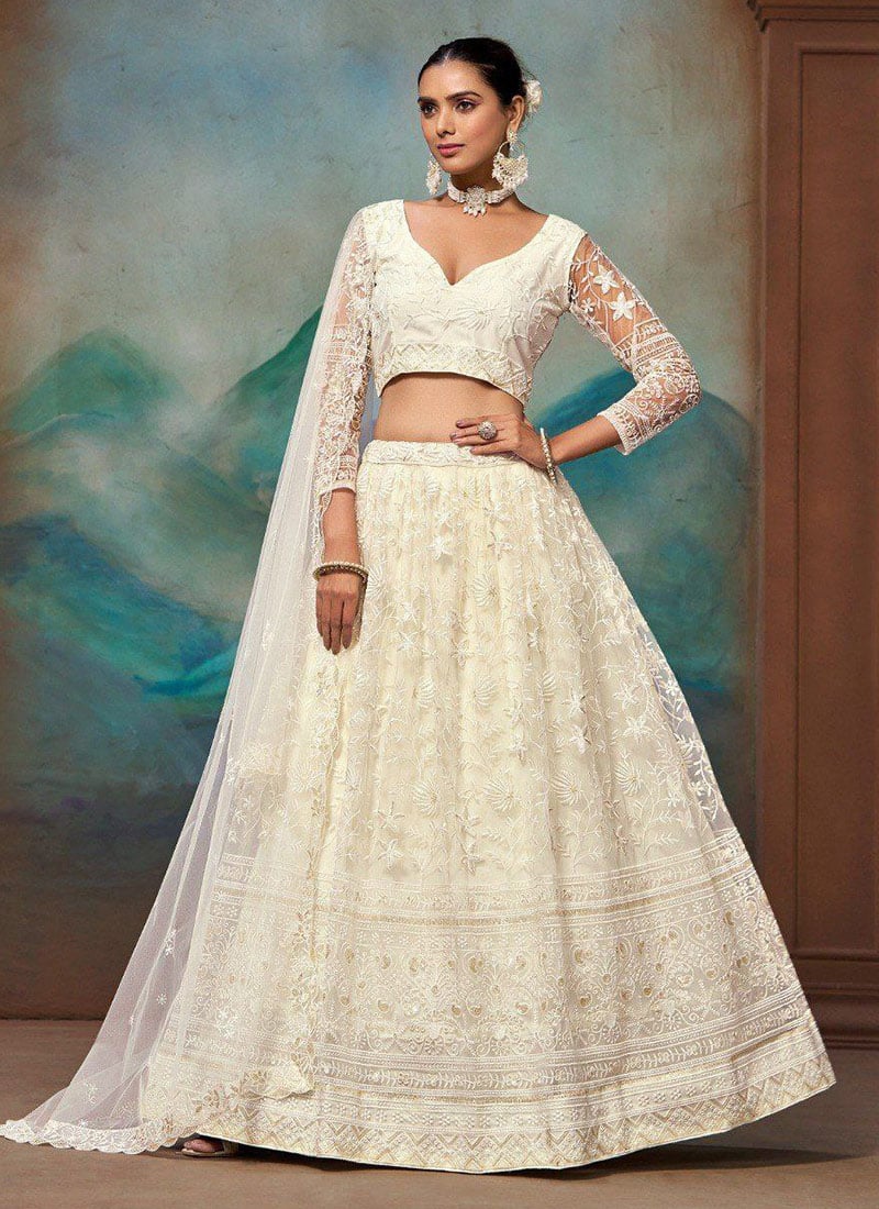 Off White Net Sequins Embroidered Zari A Line Lehenga Wedding Wear