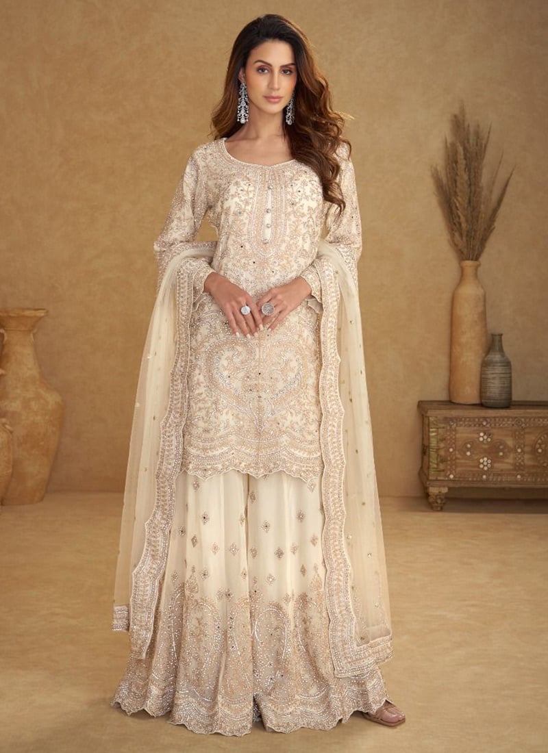 Off White Net Sequins Mirror Work Hand Embroidered Palazzo Suit Festive Wear