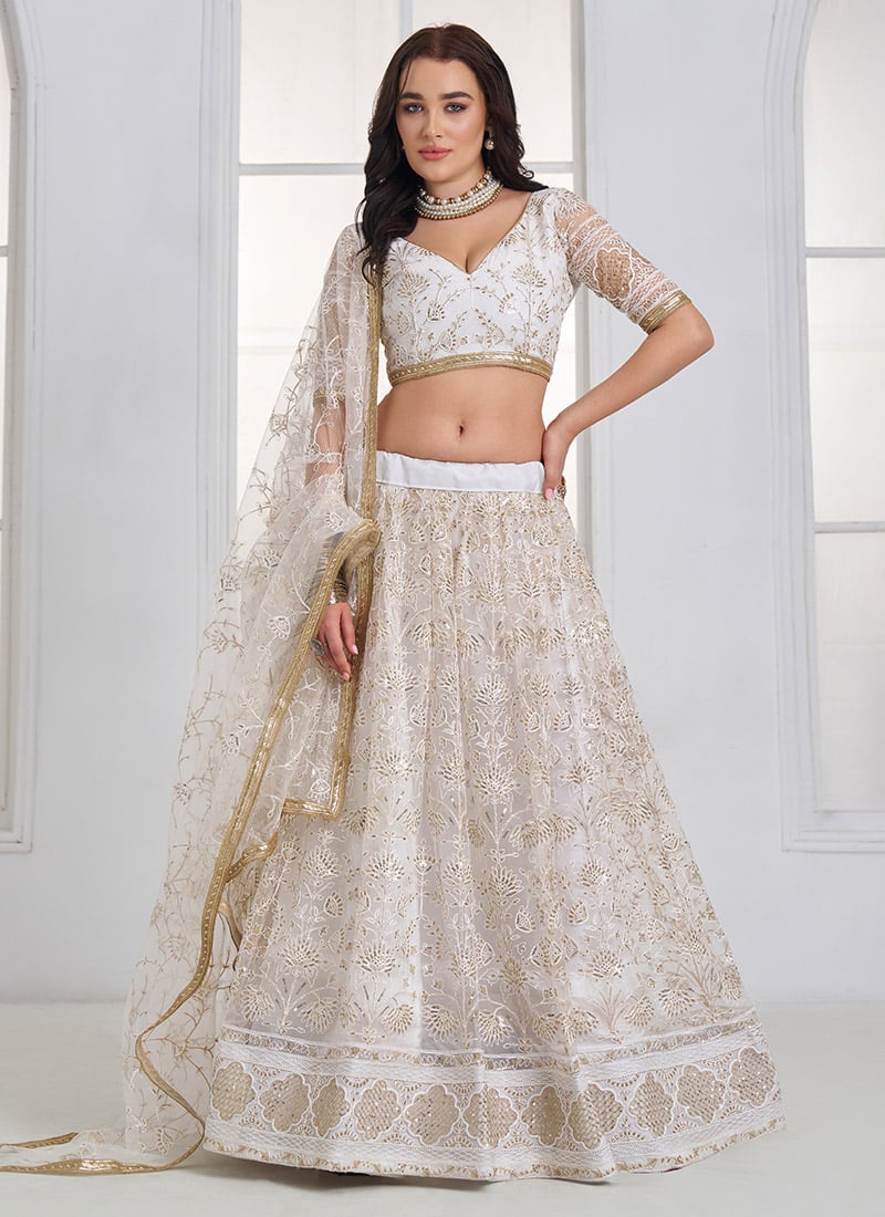 Off White Net Sequins Thread Embroidered Lehenga Wedding Wear