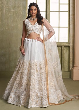 Off White Net Zari Embroidered Sequins Elegant Lehenga