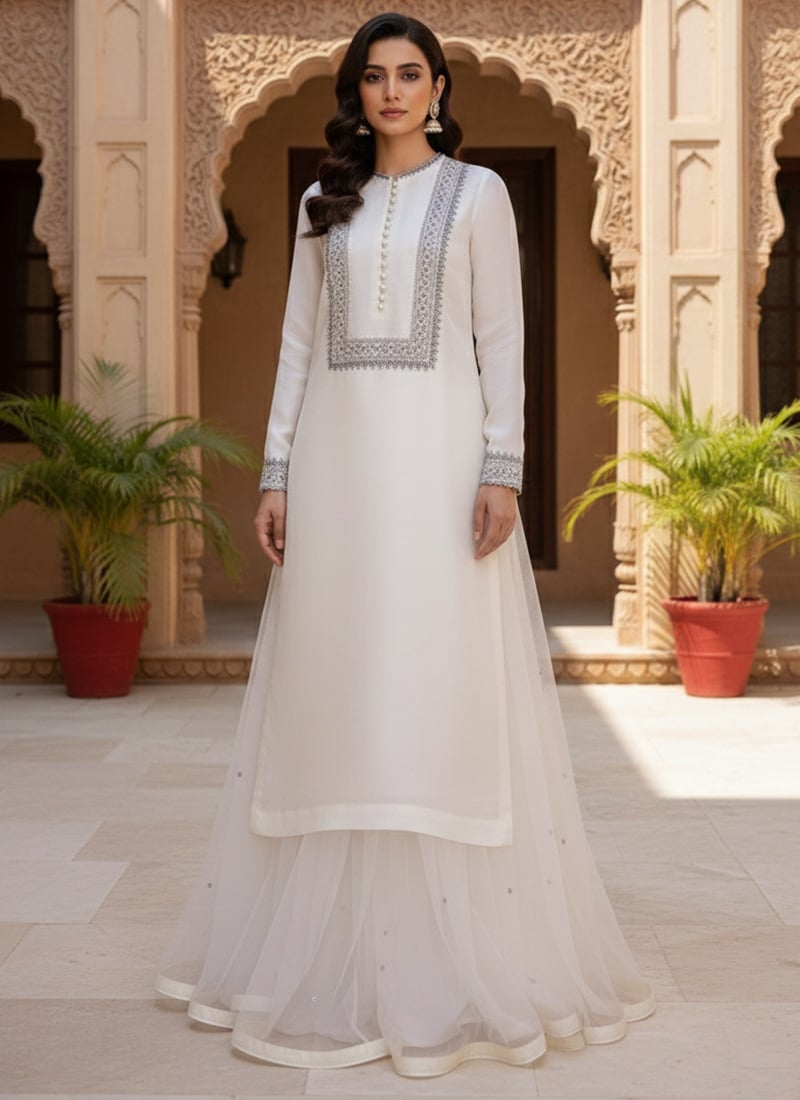 Off White Net Zari Sequins A Line Lehenga Festive Wear