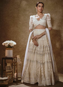 Off White Net Zari Sequins Embroidered A Line Lehenga