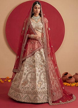 Off White Net Zari Sequins Embroidered Stones Thread A Line Lehenga