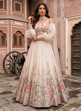 Off White Organza Beads Embroidered Digital Print Lehenga