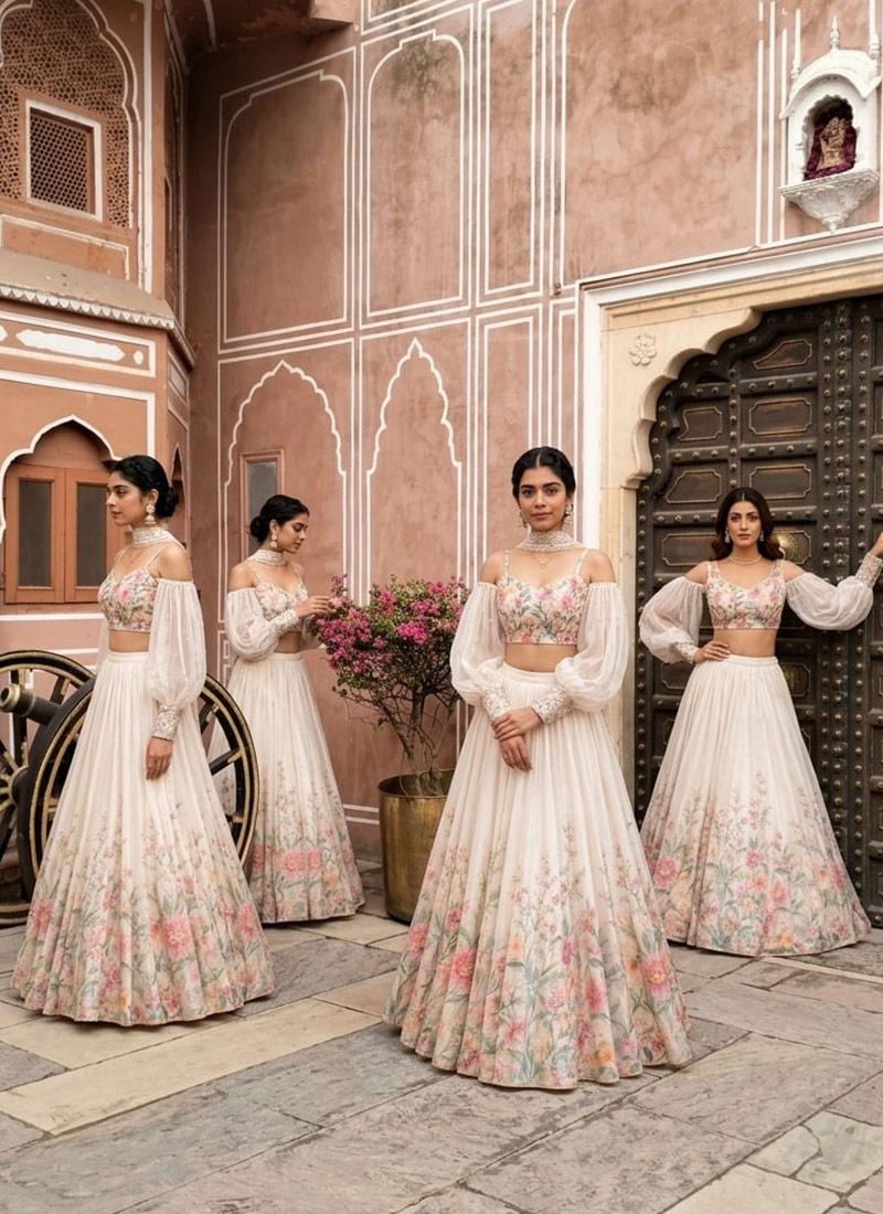 Off White Organza Beads Embroidered Digital Print Lehenga Wedding Wear