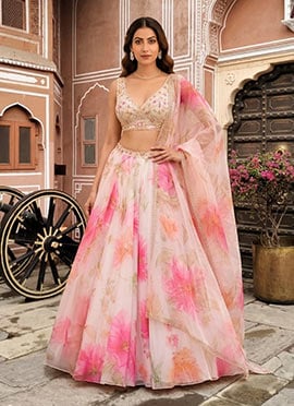 Off White Organza Beads Resham Hand Embroidered Digital Print Lehenga
