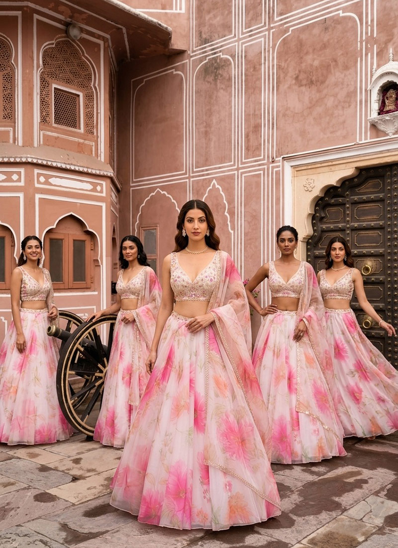 Off White Organza Beads Resham Hand Embroidered Digital Print Lehenga Wedding Wear