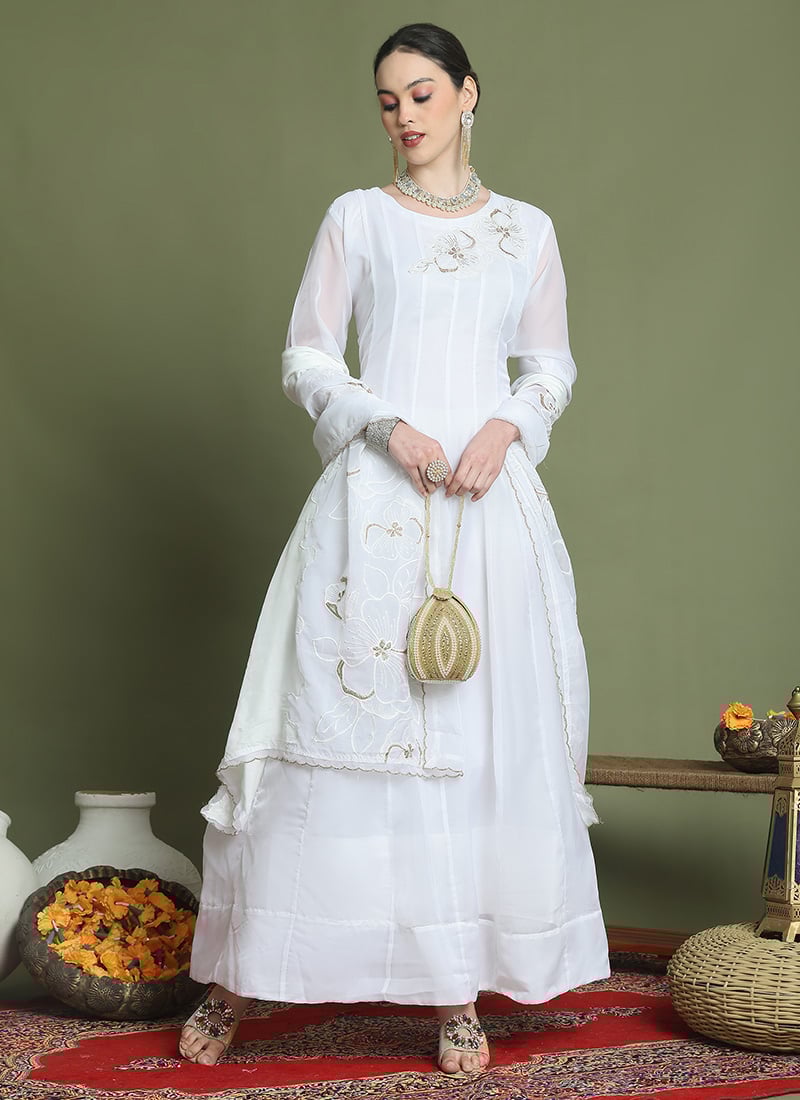 Off White Organza Embroidered Anarkali Suit
