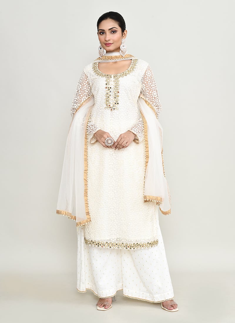 Off White Organza Embroidered With Beads Work Palazzo Suit