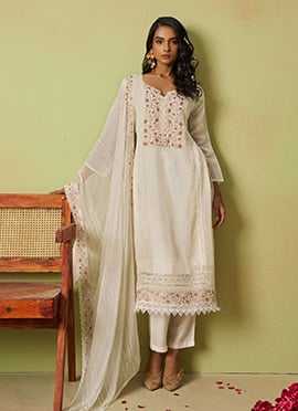 Off White Organza Embroidered With Stone And Beads Work Straight Pant Suit