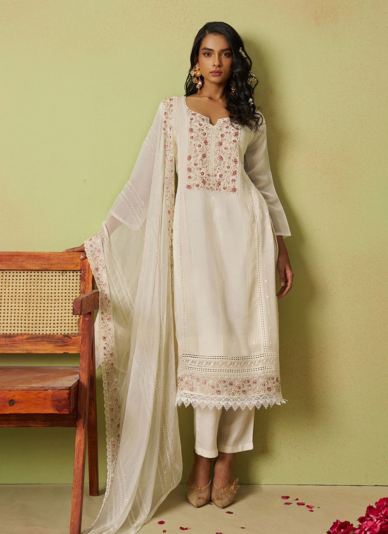 Off White Organza Embroidered With Stone And Beads Work Straight Pant Suit Festive Wear