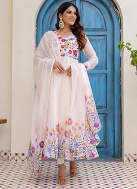 Off White Organza Hand Embroidered Cutdana Anarkali Suit