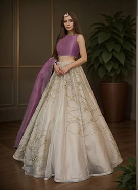 Off White Organza Hand Embroidered Stone Work Lehenga