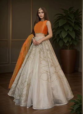 Off White Organza Hand Embroidered Stone Work Lehenga