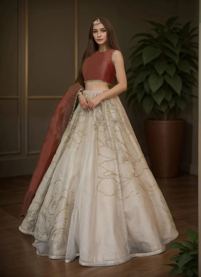 Off White Organza Hand Embroidered Stone Work Lehenga Wedding Wear