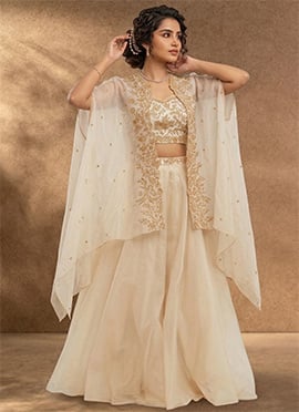 Off White Organza IndoWestern Jacket Skirt Set With Zari And Mirror Work