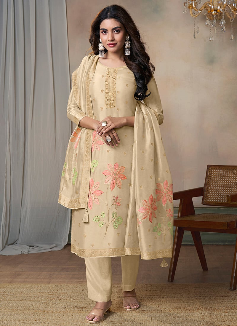Off White Organza Jaccquard Floral Dyed Straight Pant Suit Festive Wear