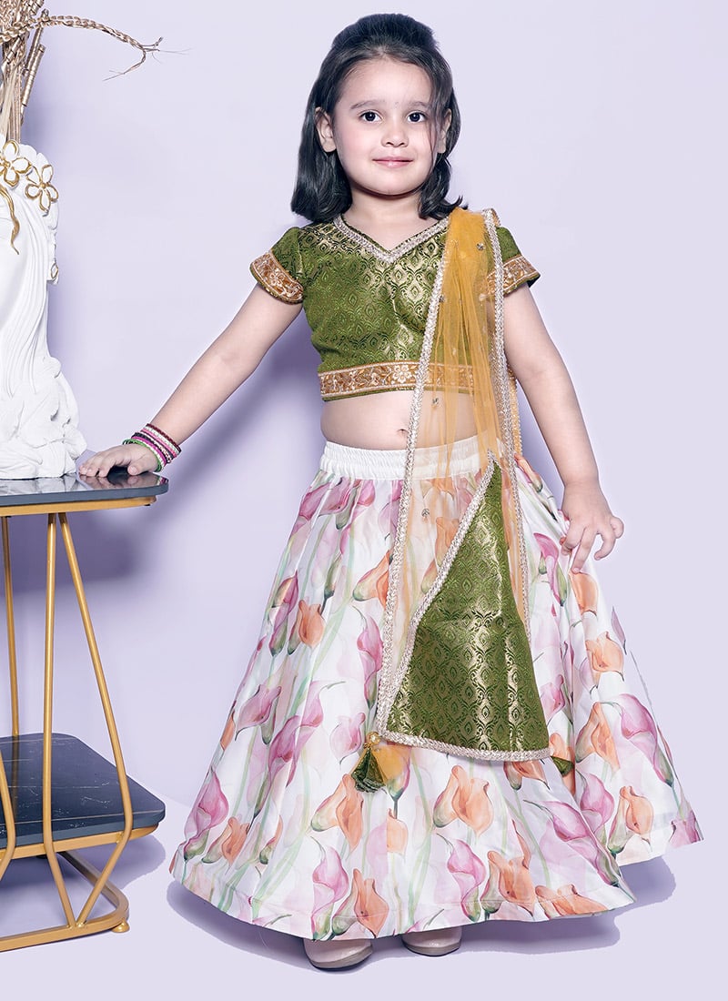 Off White Organza Printed Kids Girls Elegant Lehenga