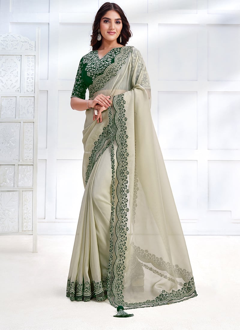 Off White Organza Sequins And Embroidered Cord work Saree