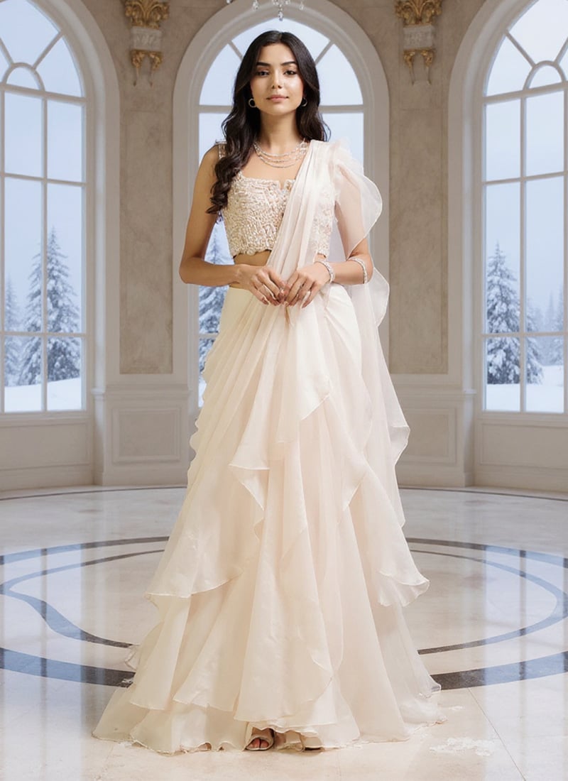 Off White Organza Sequins Stones Hand Embroidered Pre Draped Saree Wedding Wear
