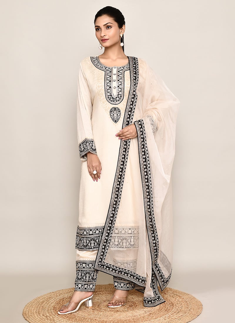 Off White Organza Silk Embroidered Sequins Straight Pant Suit Festive Wear