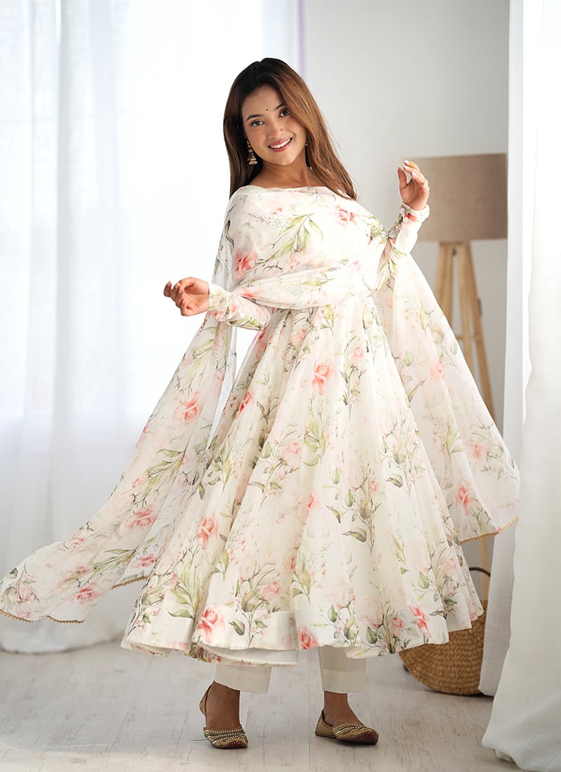 Off White Organza Silk Floral Digital Print Anarkali Suit After Six Wear