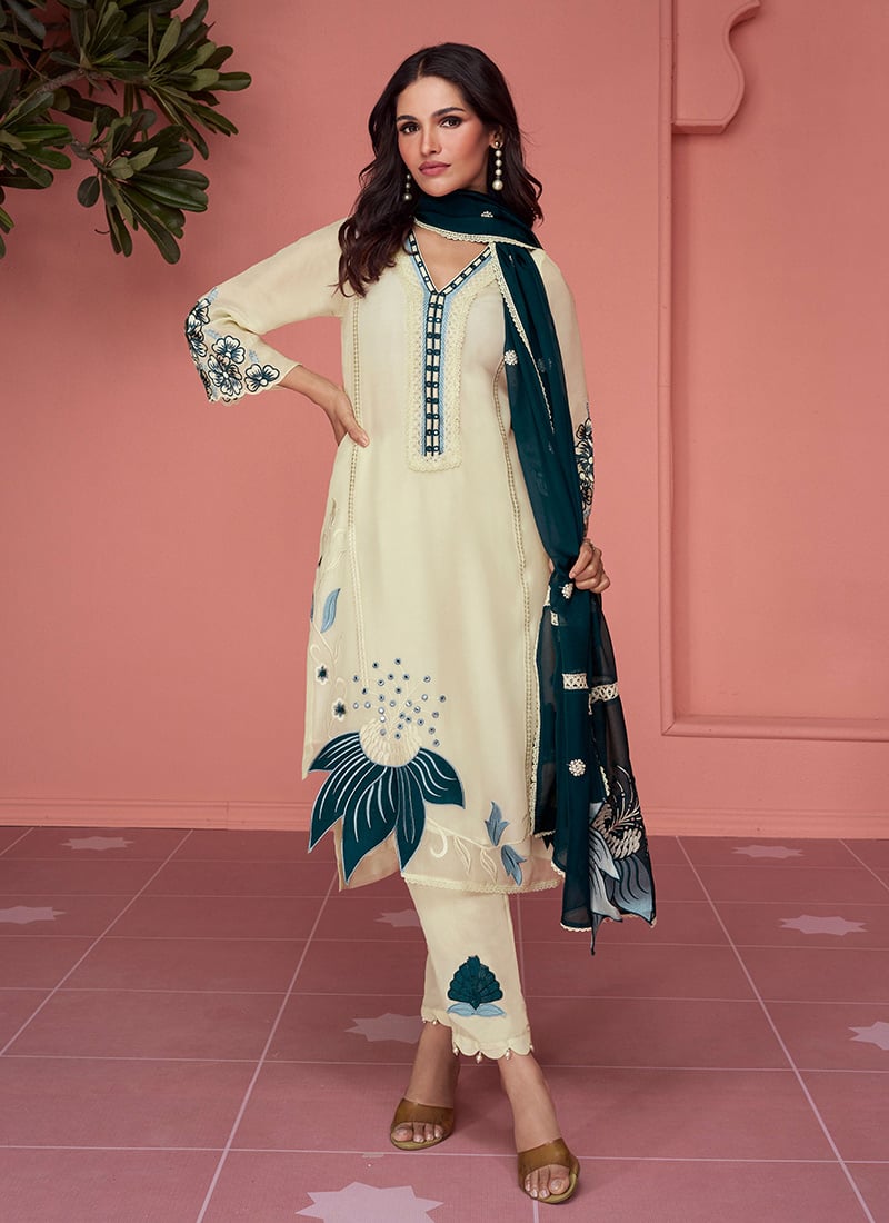 Off White Organza Thread Embroidered Straight Pant Suit After Six Wear