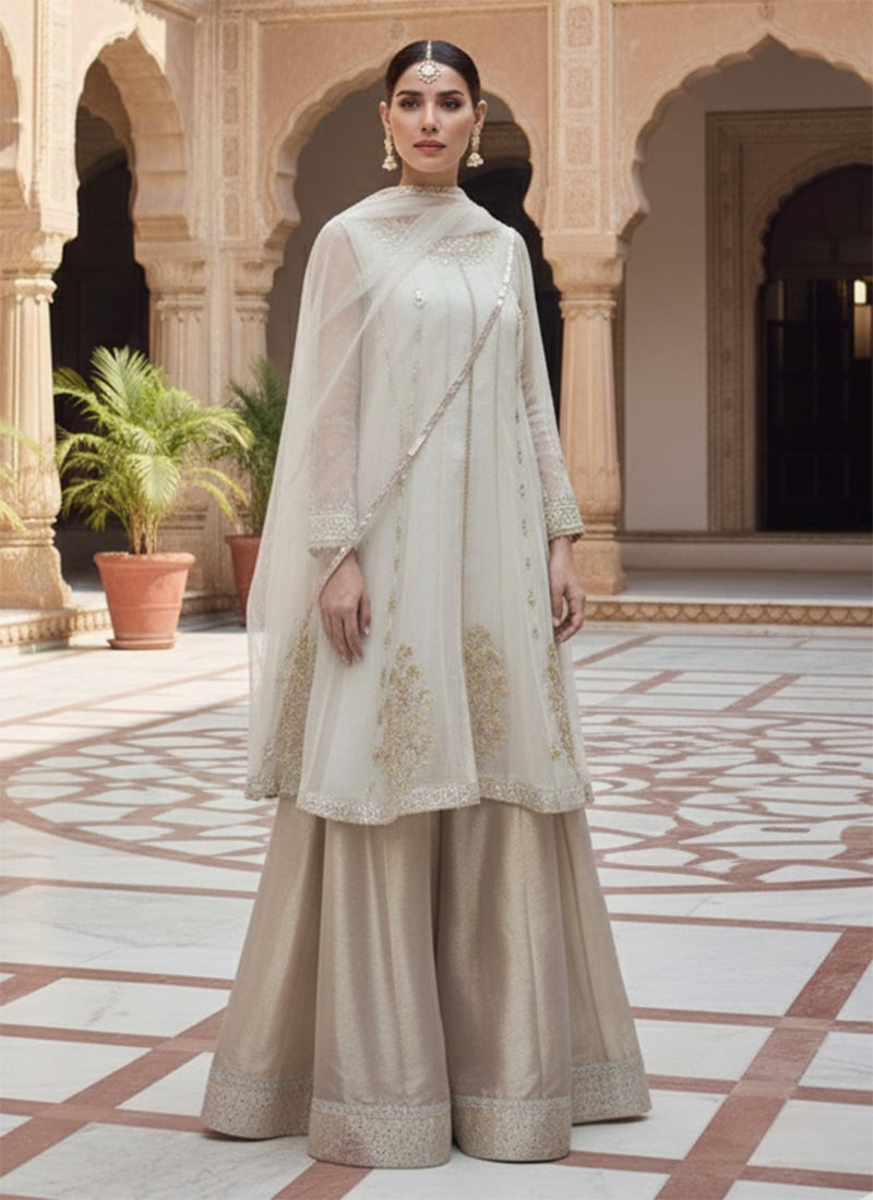 Off White Organza Zari Gota Lehenga Set Festive Wear