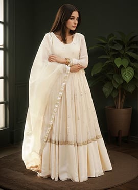 Off White Organza Hand Embroidered Zari Gota Patti Anarkali Suit