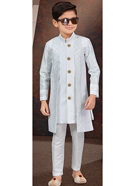 Off White Power Silk Thread Sequins Kids Boys Indowestern Sherwani