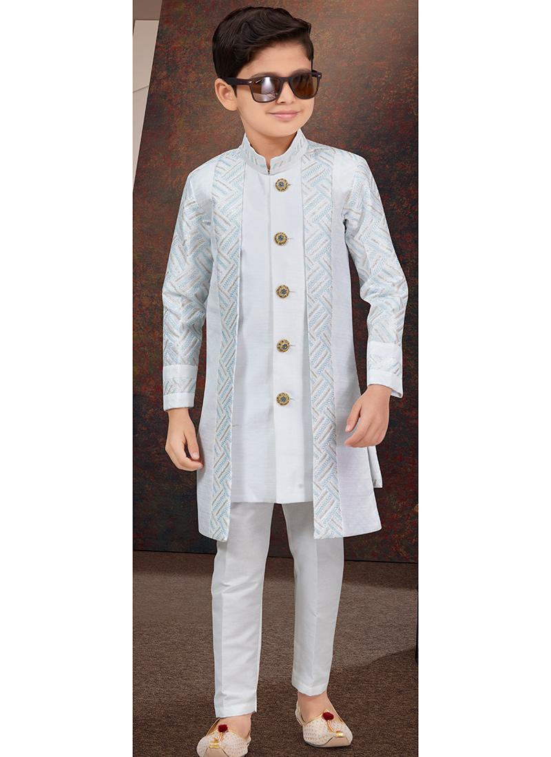 Off White Power Silk Thread Sequins Kids Boys Indowestern Sherwani Wedding Wear
