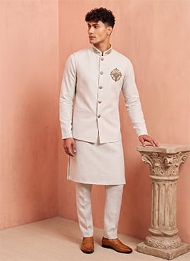 Off White Premium Linen Embroidered Sequins Kurta Pyjama With Jacket
