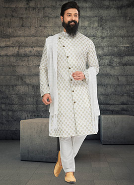 Off White Printed Cotton Silk Indowestern Sherwani