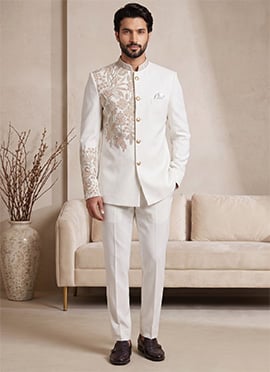 Off White Pure Lachka Embroidered Jodhpuri Suit Set