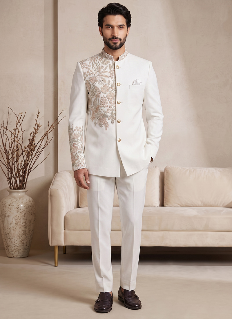 Off White Pure Lachka Embroidered Jodhpuri Suit Set Wedding Wear
