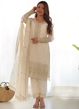Off White Rangoli Silk Straight Pant Suit With Zari Embroidery Sequins