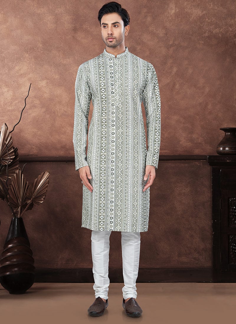 Off White Rayon Chikankari Kurta Pyjama Festive Wear