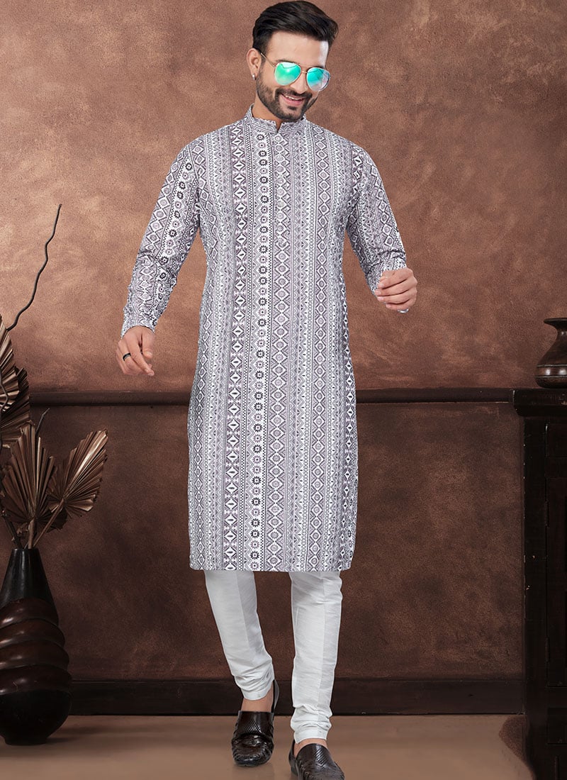 Off White Rayon Chikankari Kurta Pyjama Festive Wear
